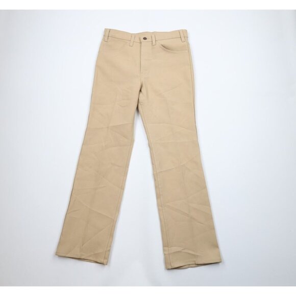 Vtg 70s Levis Mens 32x32 Distressed Knit Flared Western Chino Pants Beige USA